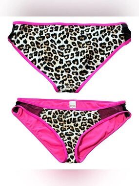 Bongo Leopard Print Bikini Bottom Mesh Sides Pink Tan Black Medium